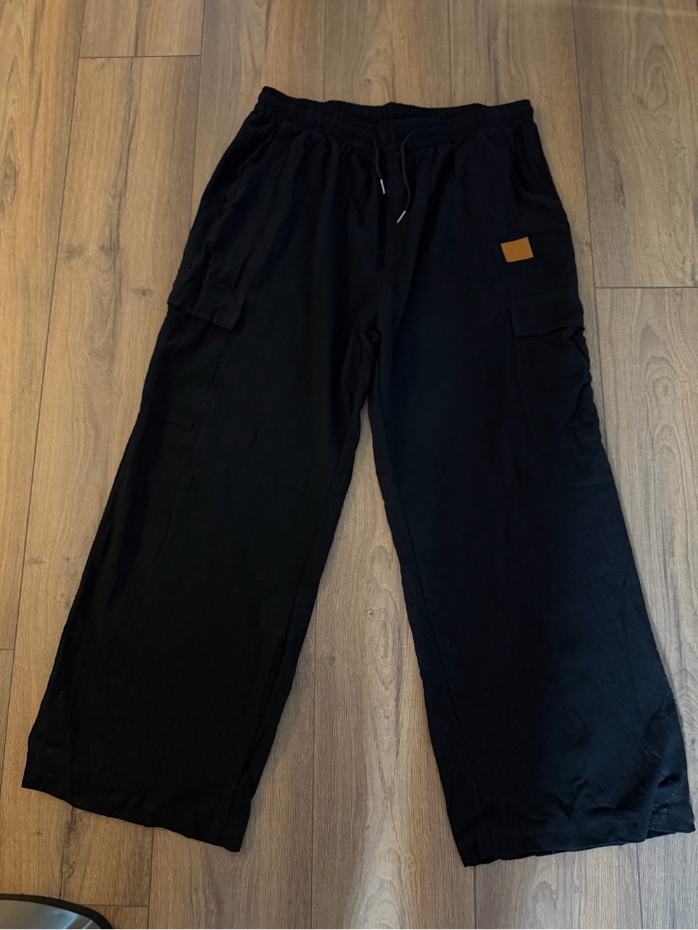 Men's Black Wide-Leg Cargo Pants - Casual Drawstring Trousers